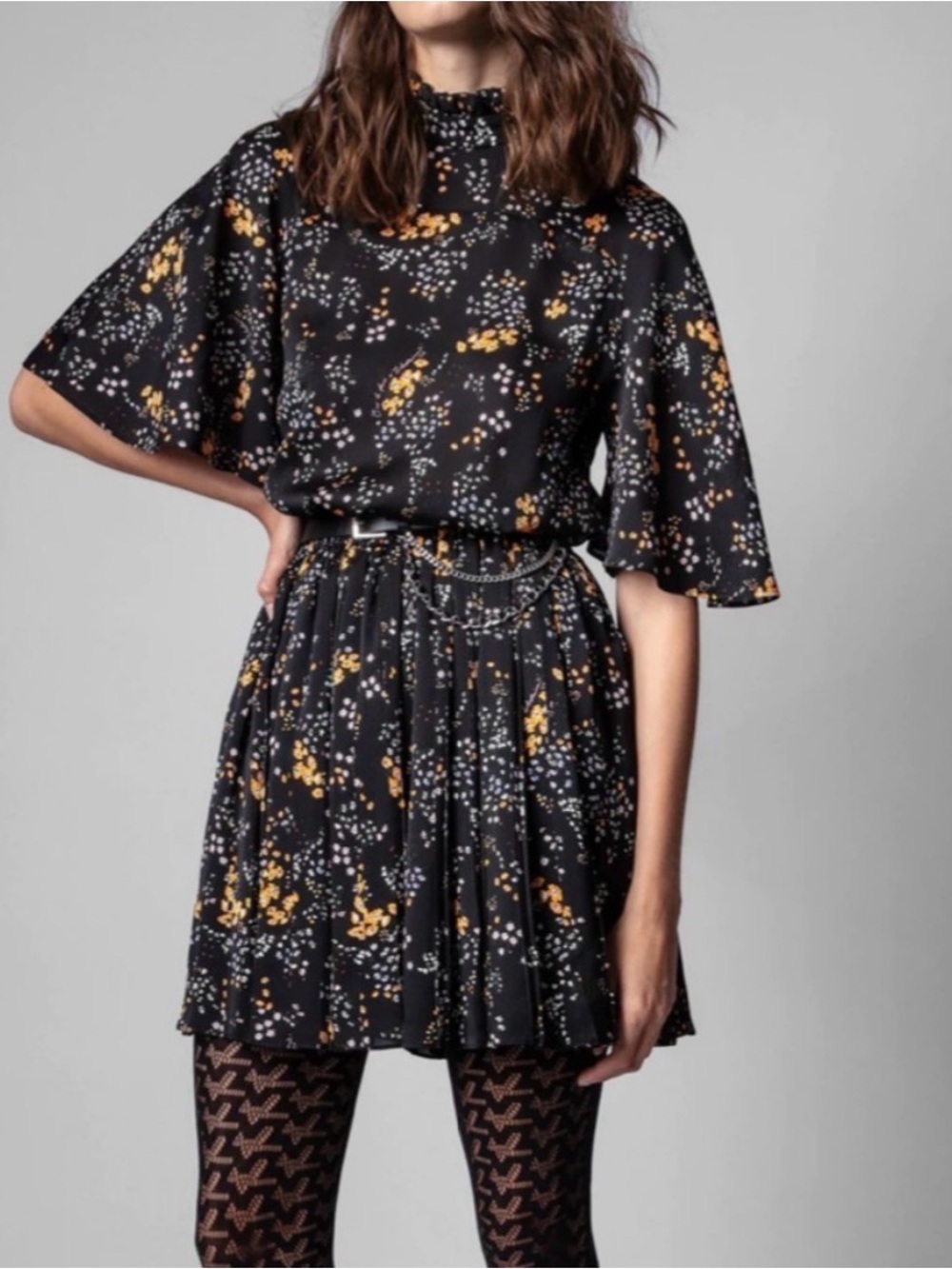 Zadig & Voltaire Black Mini Dress with Yellow Floral Print